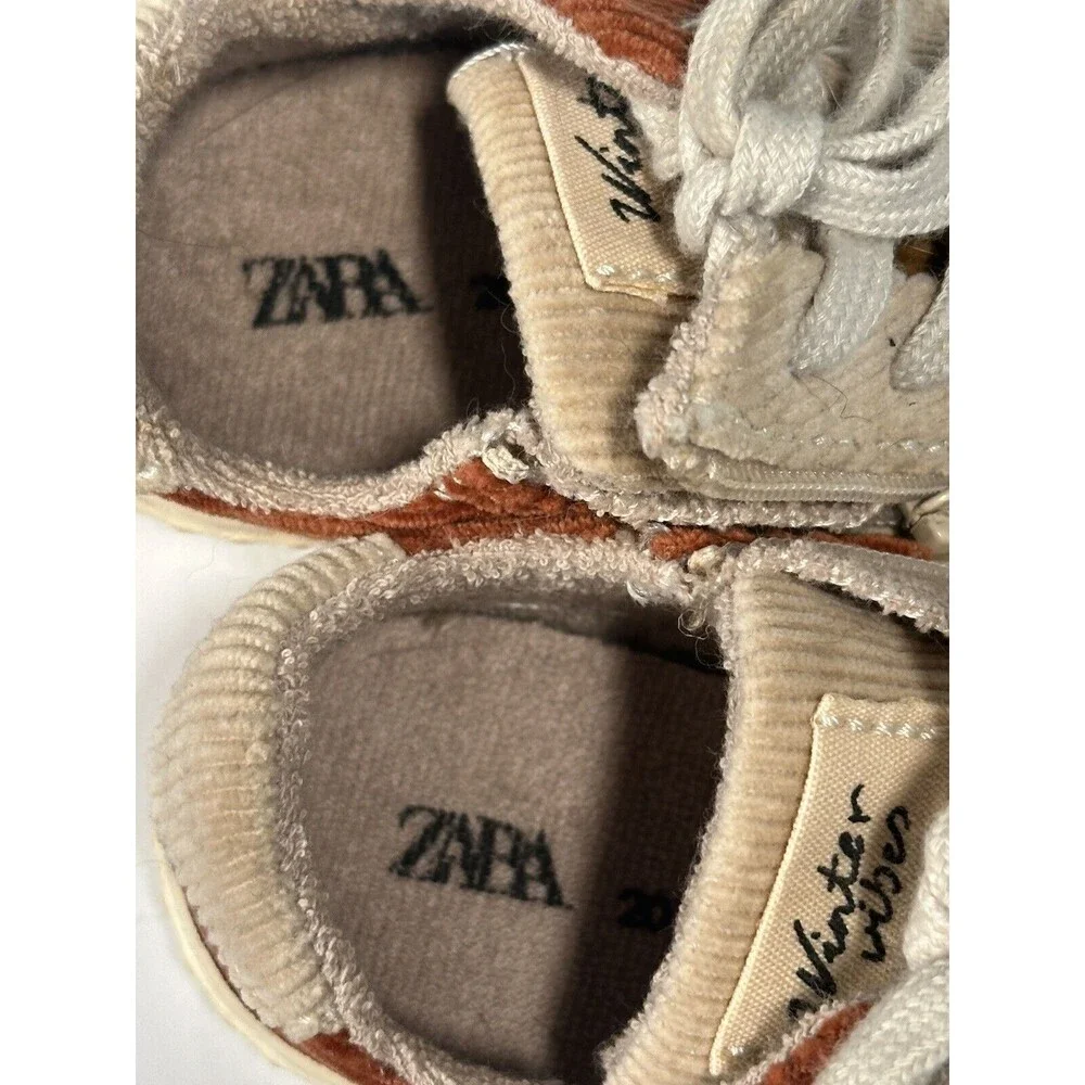 Zara Corduroy Patchwork Sneakers Shoes Size 20 Euro 4.5-5 US Brown Tan Zip & Tie